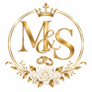 Emblema de Moises y Sashalee: iniciales M&S doradas, corona, alianzas y rosas marfil.